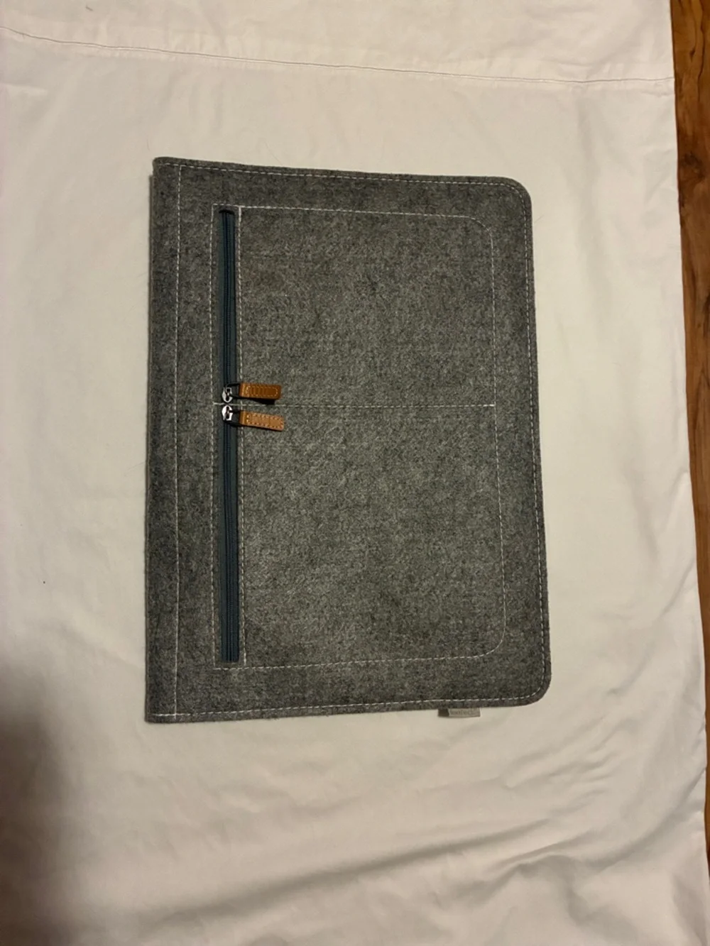 Gray Felt Tablet or Laptop Sleeve with Brown Leather Logo Patch